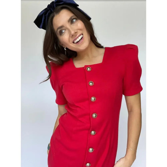 All that Jazz Vintage Red Holiday Mini Dress Gold Buttons - Size Medium - Picture 2 of 10